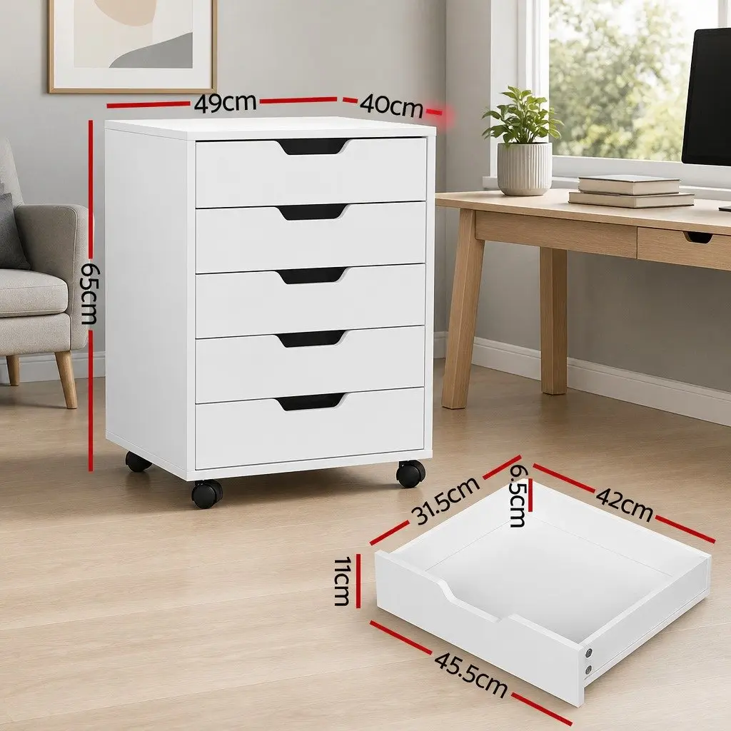 5-Drawer Mobile Filing Cabinet White Rolling Storage Organizer