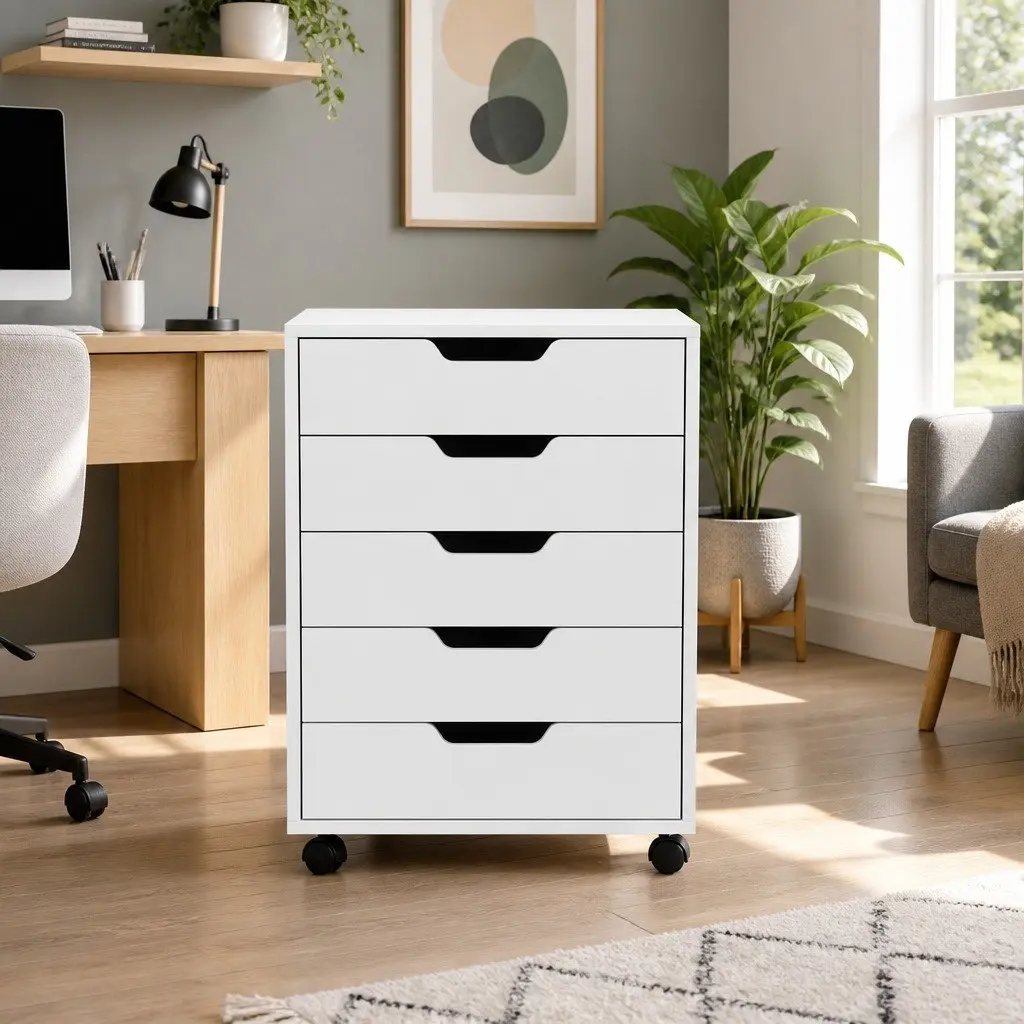 5-Drawer Mobile Filing Cabinet White Rolling Storage Organizer