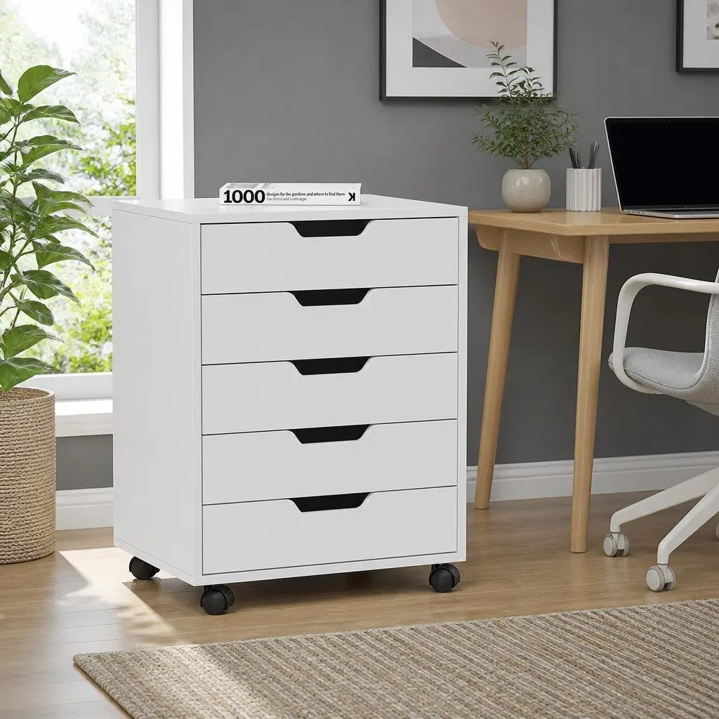 5-Drawer Mobile Filing Cabinet White Rolling Storage Organizer