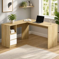 L-Shape Computer Desk with Drawers Storage Shelf Home Office Workstation 136cm