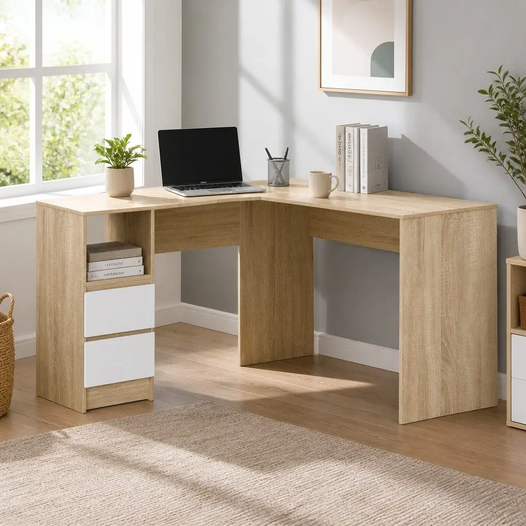 L-Shape Computer Desk Oak 136cm Wide Desktop Two Drawers Open Storage Shelf