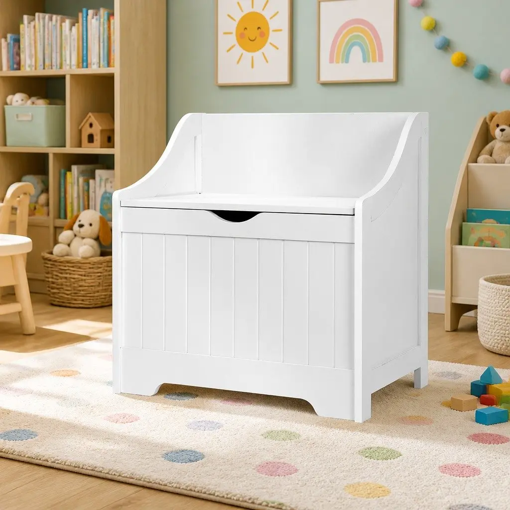 Kids Storage Box Bench Toy Organiser White 2-in-1 Soft Closing Hinges Safe Corners Easy to Clean