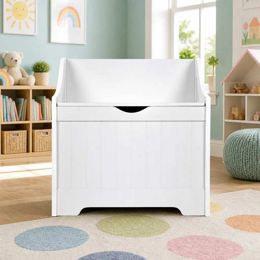 Kids Storage Box Bench Toy Organiser White 2-in-1 Soft Closing Hinges Safe Corners Easy to Clean