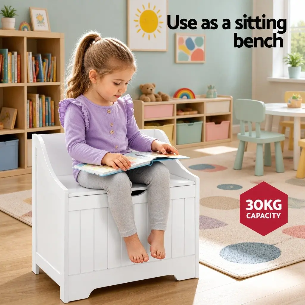 Kids Storage Box Bench Toy Organiser White 2-in-1 Soft Closing Hinges Safe Corners Easy to Clean