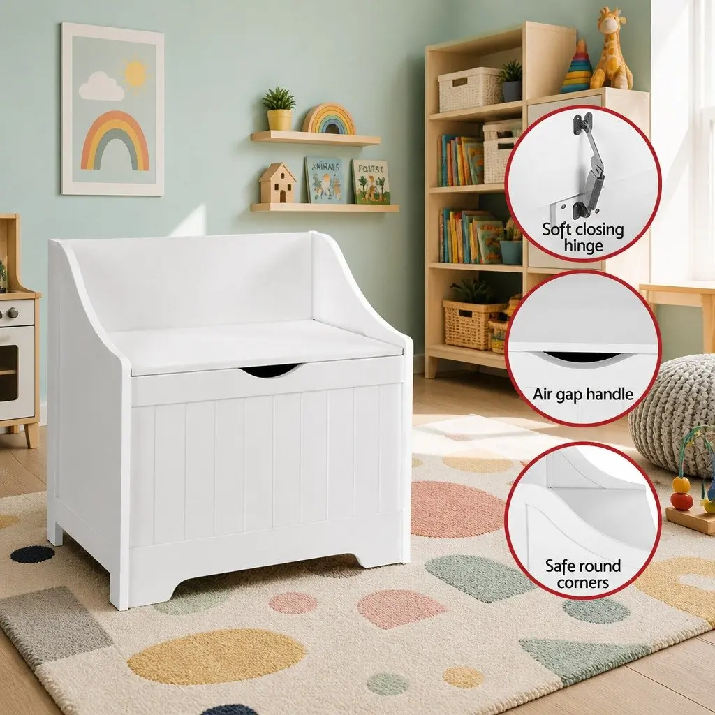 Kids Storage Box Bench Toy Organiser White 2-in-1 Soft Closing Hinges Safe Corners Easy to Clean