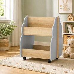 Kids Bookshelf Toy Box Storage Organiser Bookcase Display Shelf with Wheels Grey