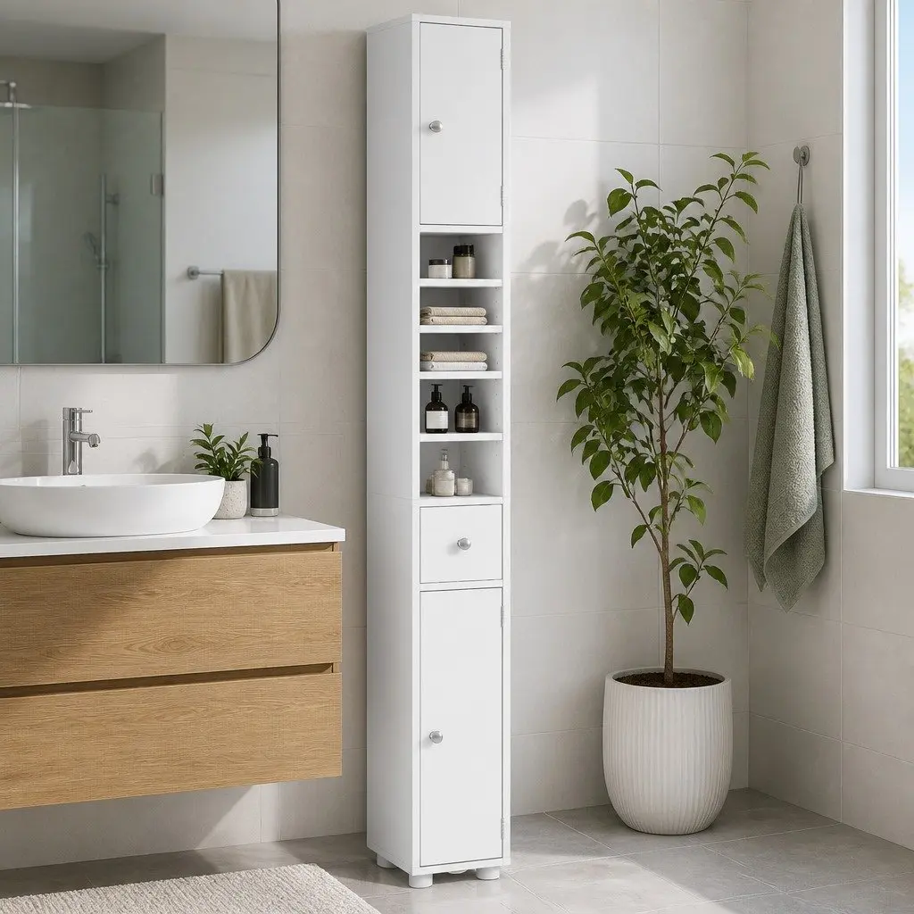 Bathroom Storage Cabinet White 180cm Tall Slim Floor Cupboard with Two Cabinets Five Compartments and One Drawer