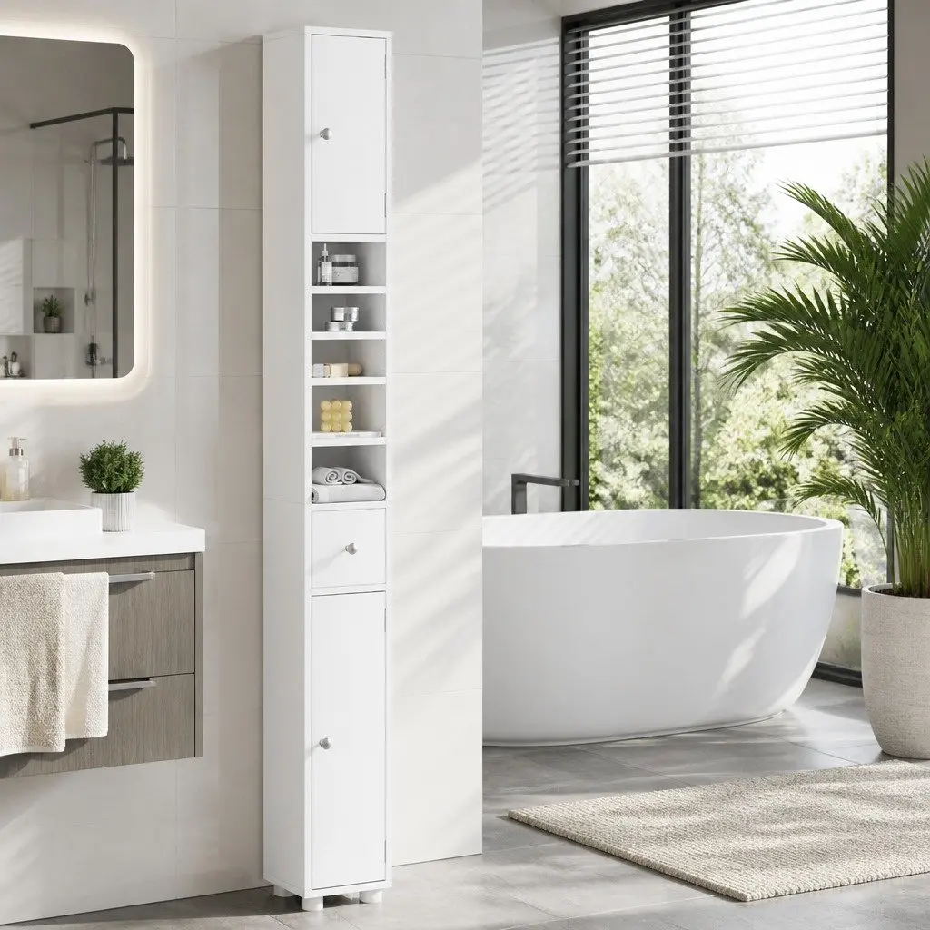 Bathroom Storage Cabinet White 180cm Tall Slim Floor Cupboard with Two Cabinets Five Compartments and One Drawer