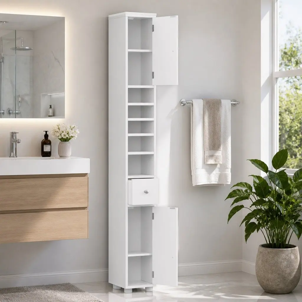 Bathroom Storage Cabinet White 180cm Tall Slim Floor Cupboard with Two Cabinets Five Compartments and One Drawer