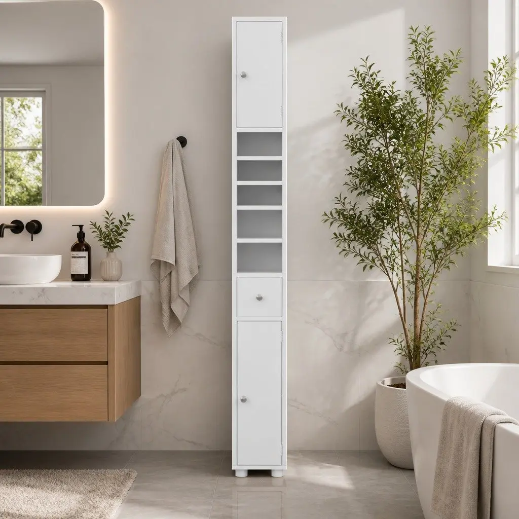 Bathroom Storage Cabinet White 180cm Tall Slim Floor Cupboard with Two Cabinets Five Compartments and One Drawer
