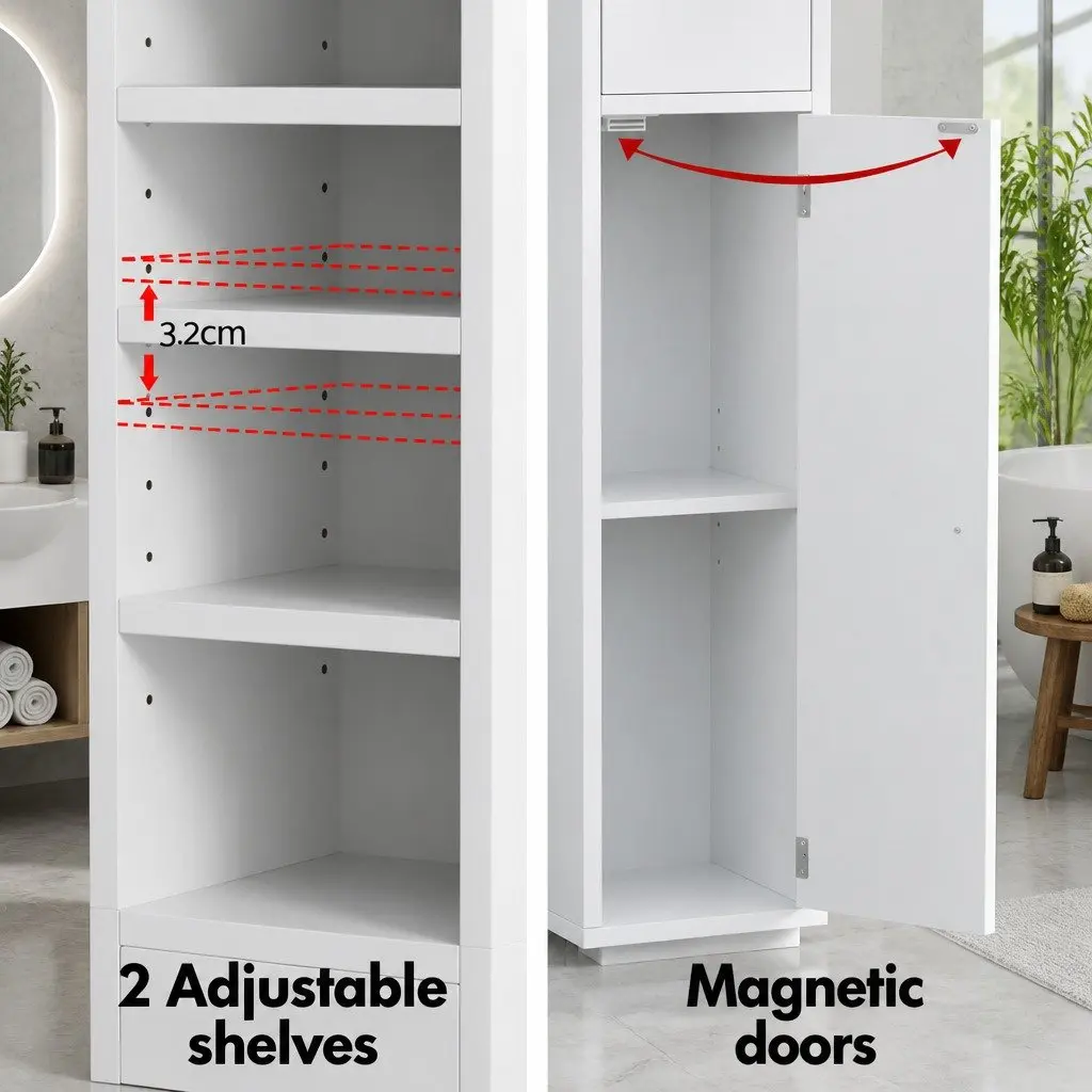 Bathroom Storage Cabinet White 180cm Tall Slim Floor Cupboard with Two Cabinets Five Compartments and One Drawer