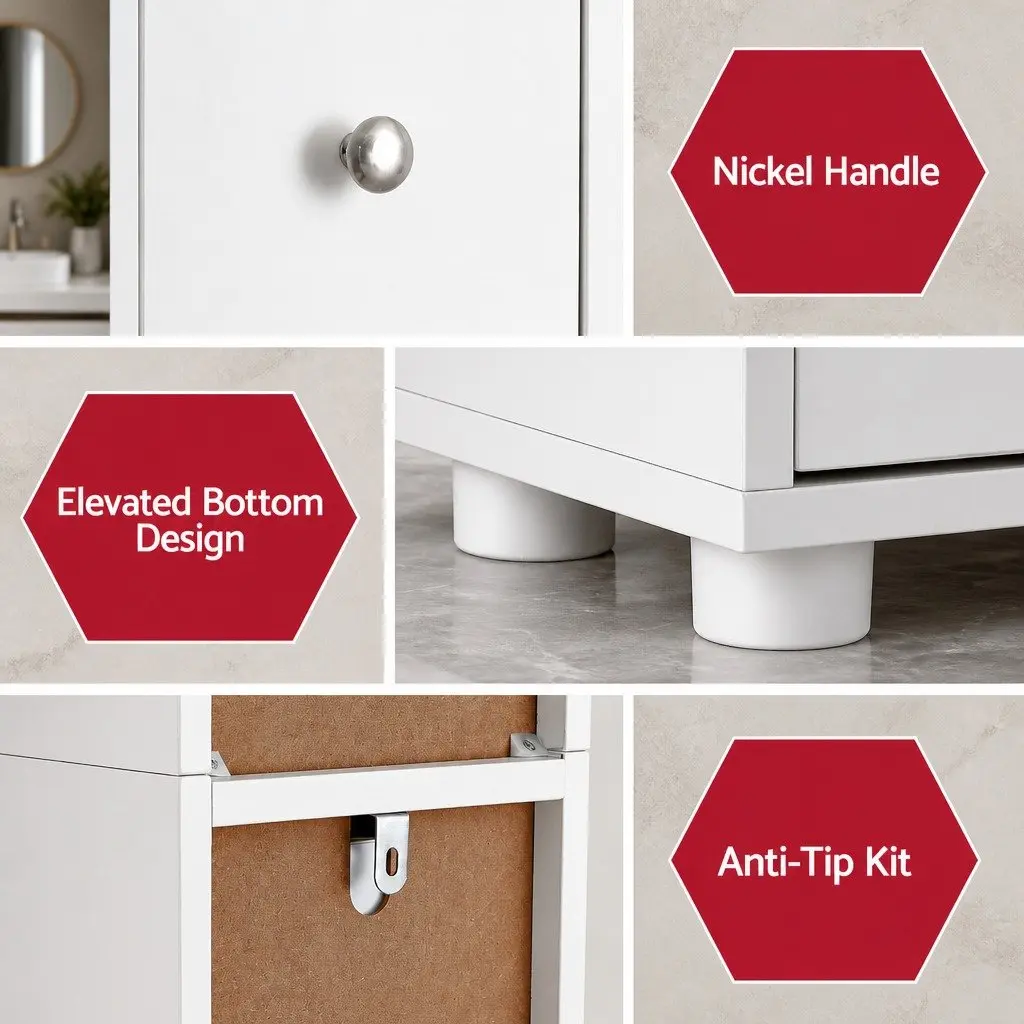 Bathroom Storage Cabinet White 180cm Tall Slim Floor Cupboard with Two Cabinets Five Compartments and One Drawer