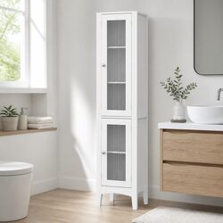 Bathroom Storage Cabinet 160cm Tall Slim Floor Cupboard Toilet Glass Door White