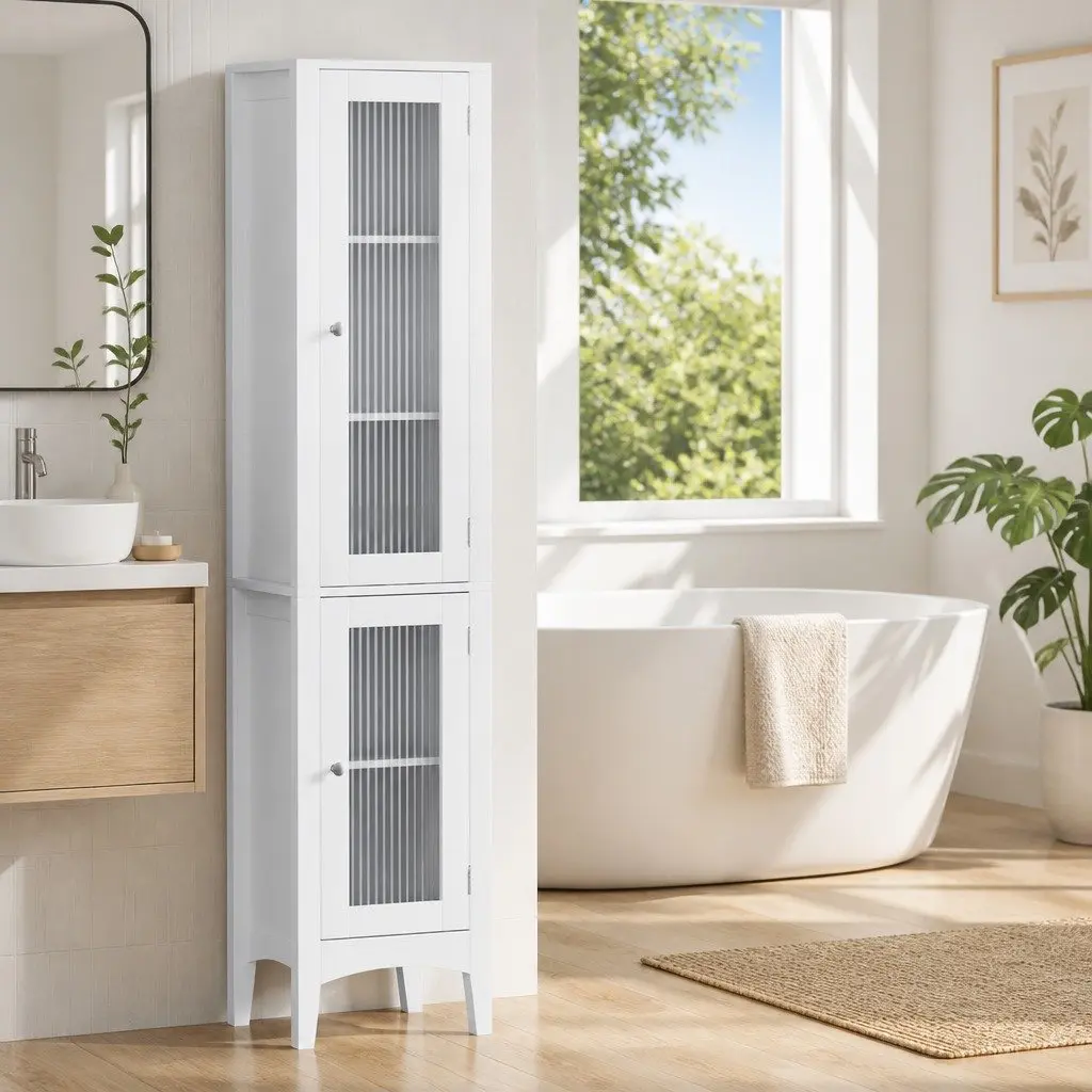 Bathroom Storage Cabinet 160cm Tall Slim Floor Cupboard Toilet Glass Door White