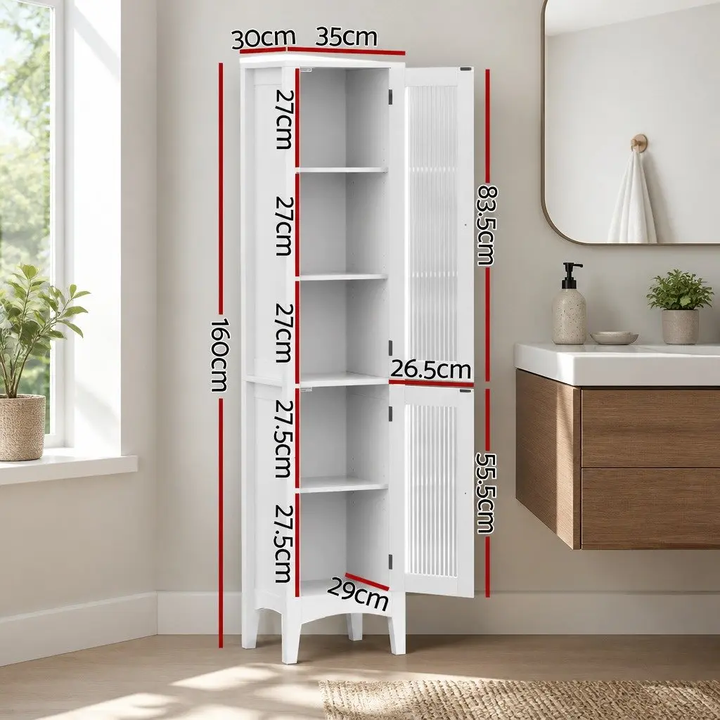 Bathroom Storage Cabinet 160cm Tall Slim Floor Cupboard Toilet Glass Door White