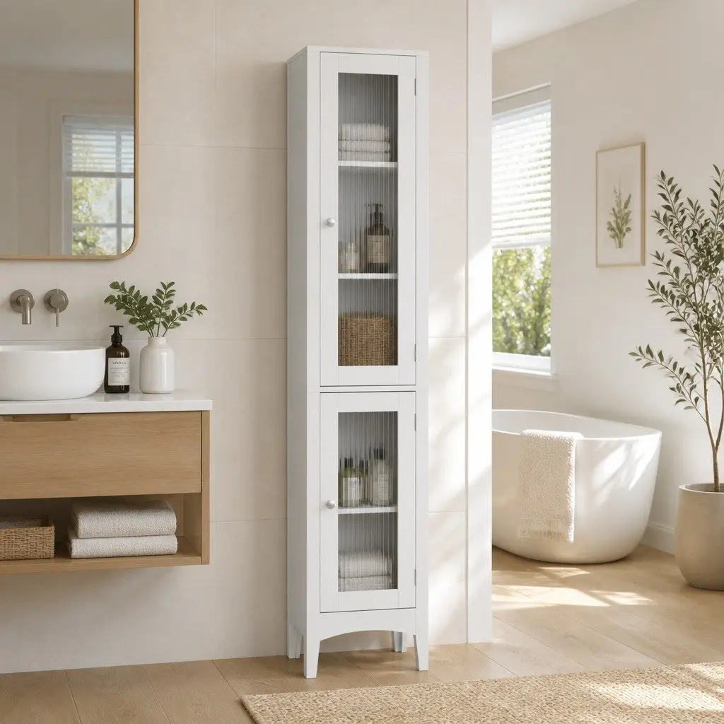 Bathroom Storage Cabinet 160cm Tall Slim Floor Cupboard Toilet Glass Door White