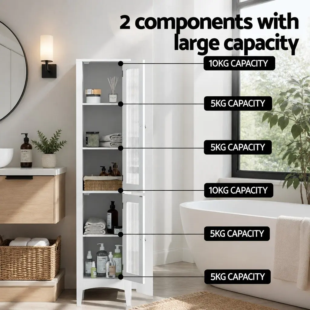 Bathroom Storage Cabinet 160cm Tall Slim Floor Cupboard Toilet Glass Door White