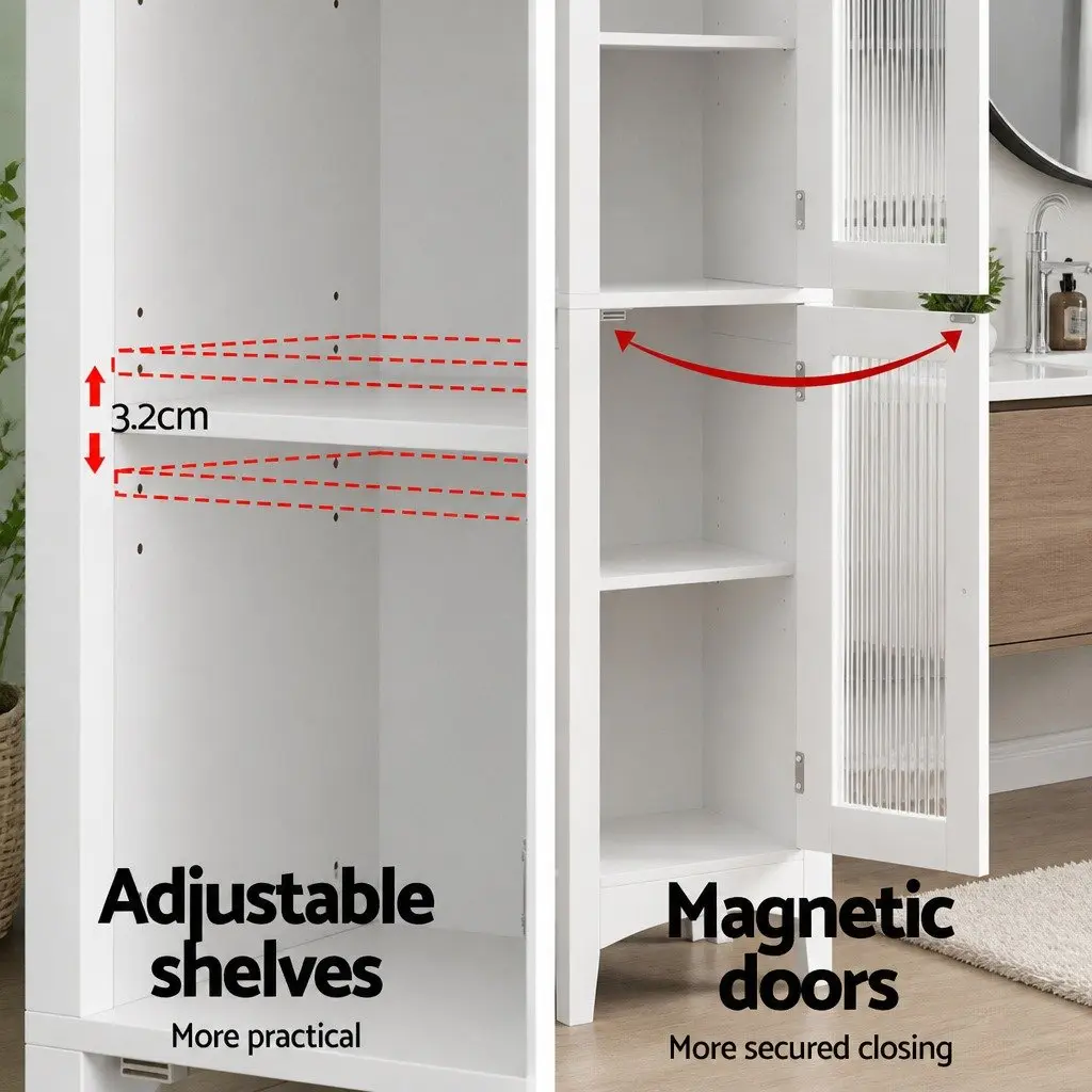 Bathroom Storage Cabinet 160cm Tall Slim Floor Cupboard Toilet Glass Door White