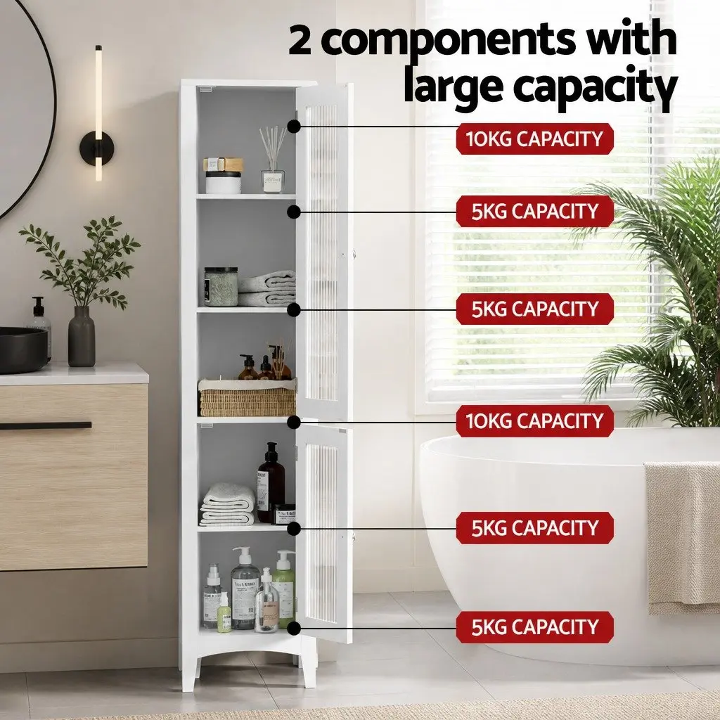 Bathroom Storage Cabinet White 160cm Tall Slim Floor Cupboard with Tempered Glass Doors and Adjustable Shelves
