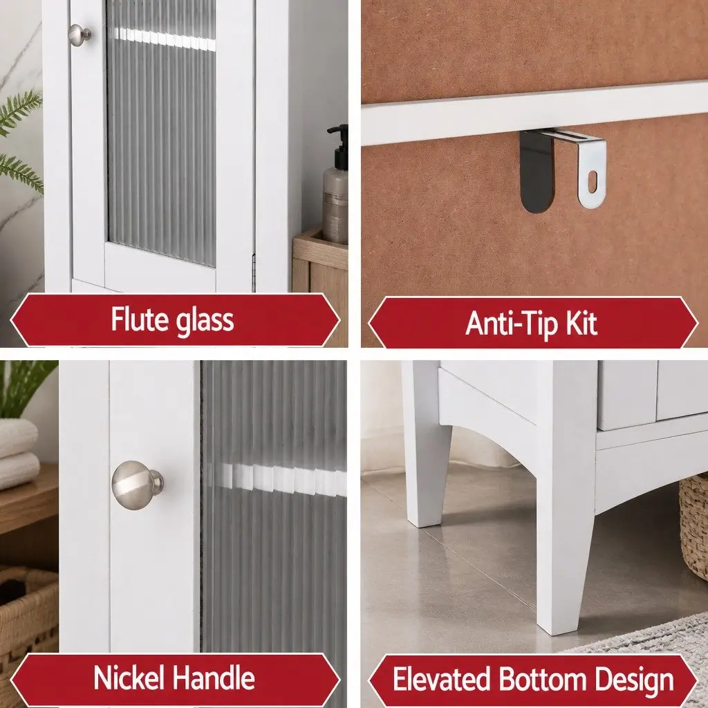 Bathroom Storage Cabinet White 160cm Tall Slim Floor Cupboard with Tempered Glass Doors and Adjustable Shelves