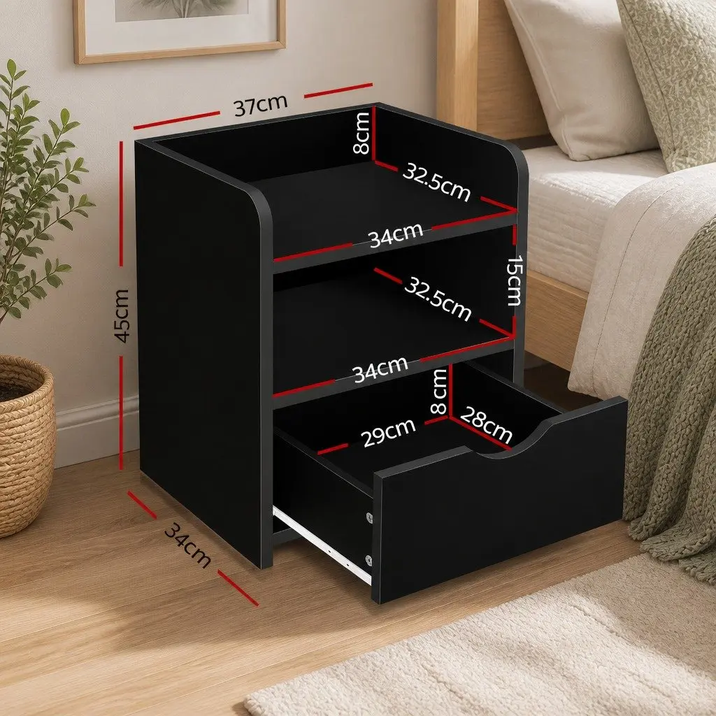 Bedside Table Black 37x34x45cm One Drawer with Shelves