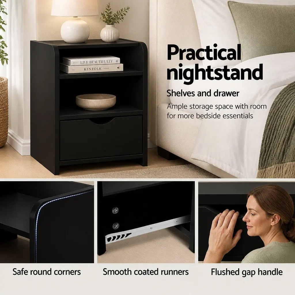 Bedside Table Black 37x34x45cm One Drawer with Shelves