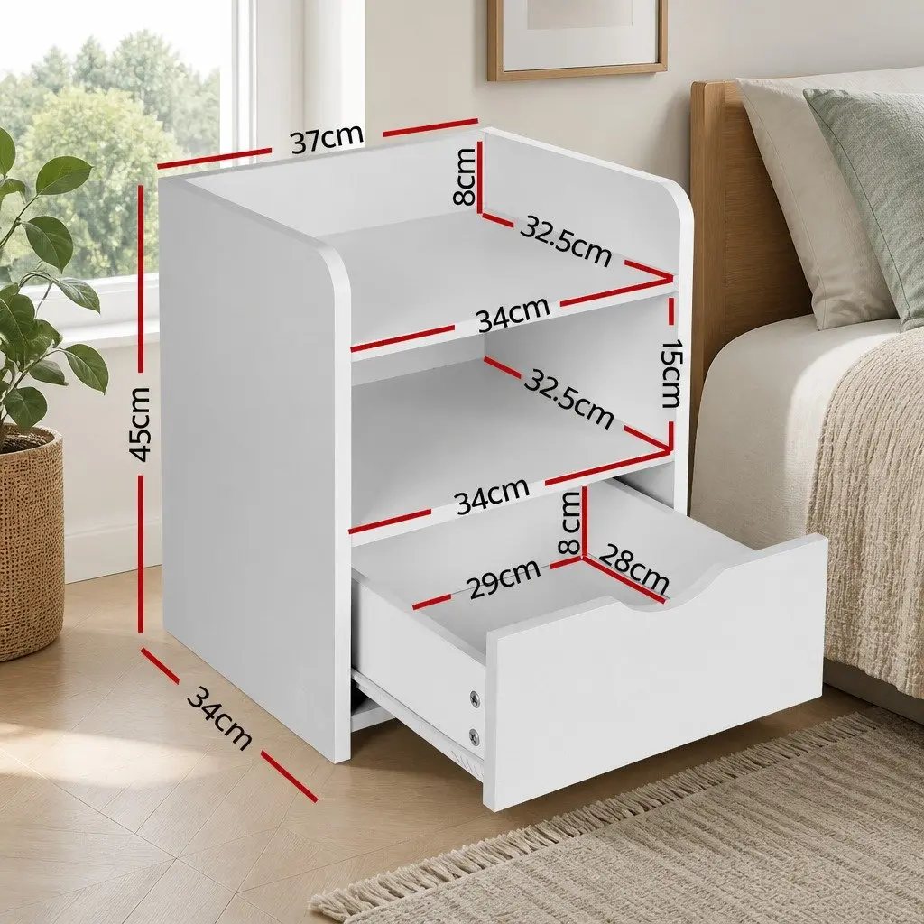 Bedside Table White 37x34x45cm One Drawer with Shelf Bedroom Storage Unit Nightstand