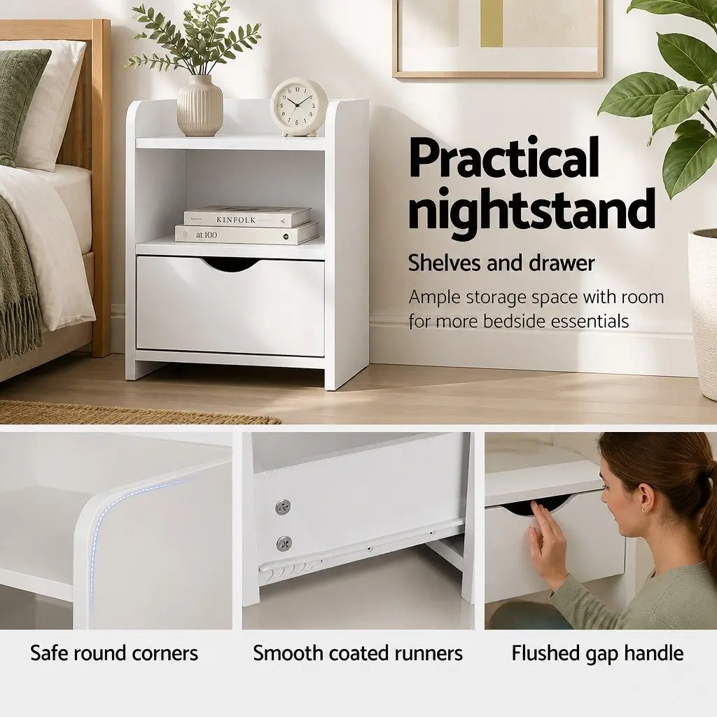 Bedside Table White 37x34x45cm One Drawer with Shelf Bedroom Storage Unit Nightstand