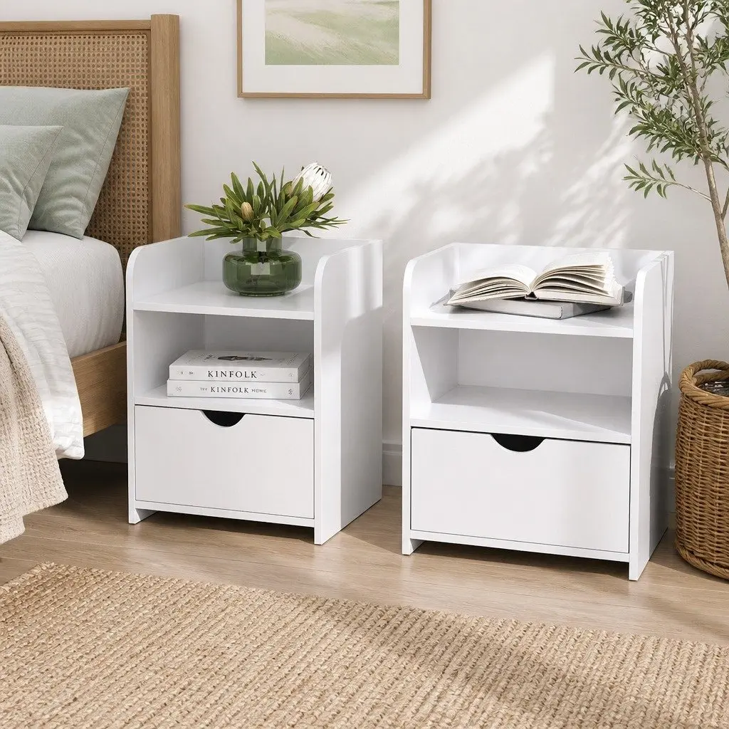 Bedside Table White 37x34x45cm One Drawer with Shelf Bedroom Storage Unit Nightstand