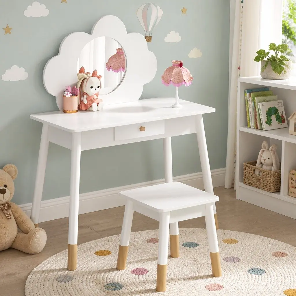 Kids Dressing Table Set White Wooden Leg Vanity Mirror Storage Drawer Cloud Motif