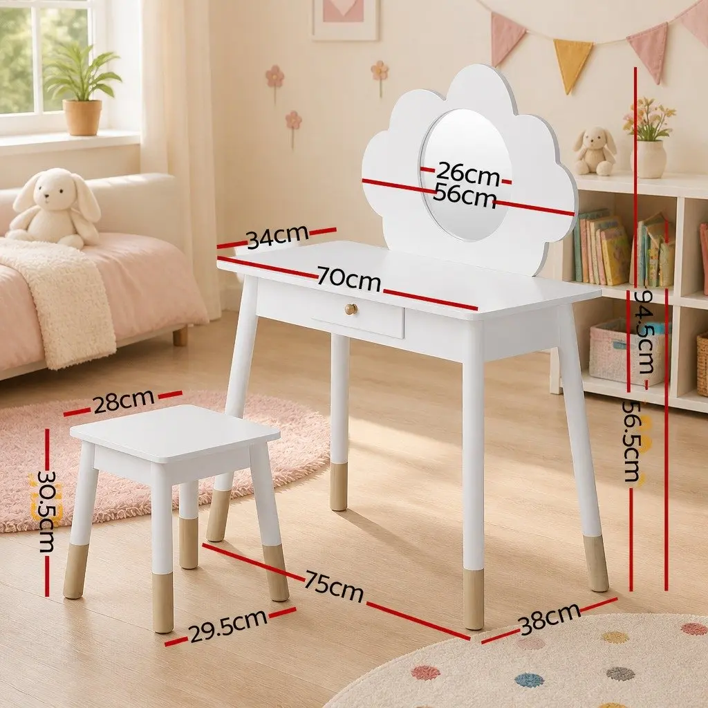 Kids Dressing Table Set White Wooden Leg Vanity Mirror Storage Drawer Cloud Motif