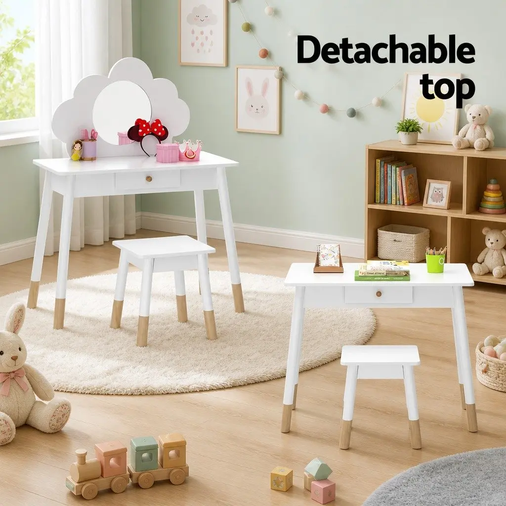 Kids Dressing Table Set White Wooden Leg Vanity Mirror Storage Drawer Cloud Motif