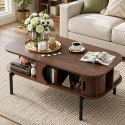 Compact Walnut Coffee Table with Open Shelving