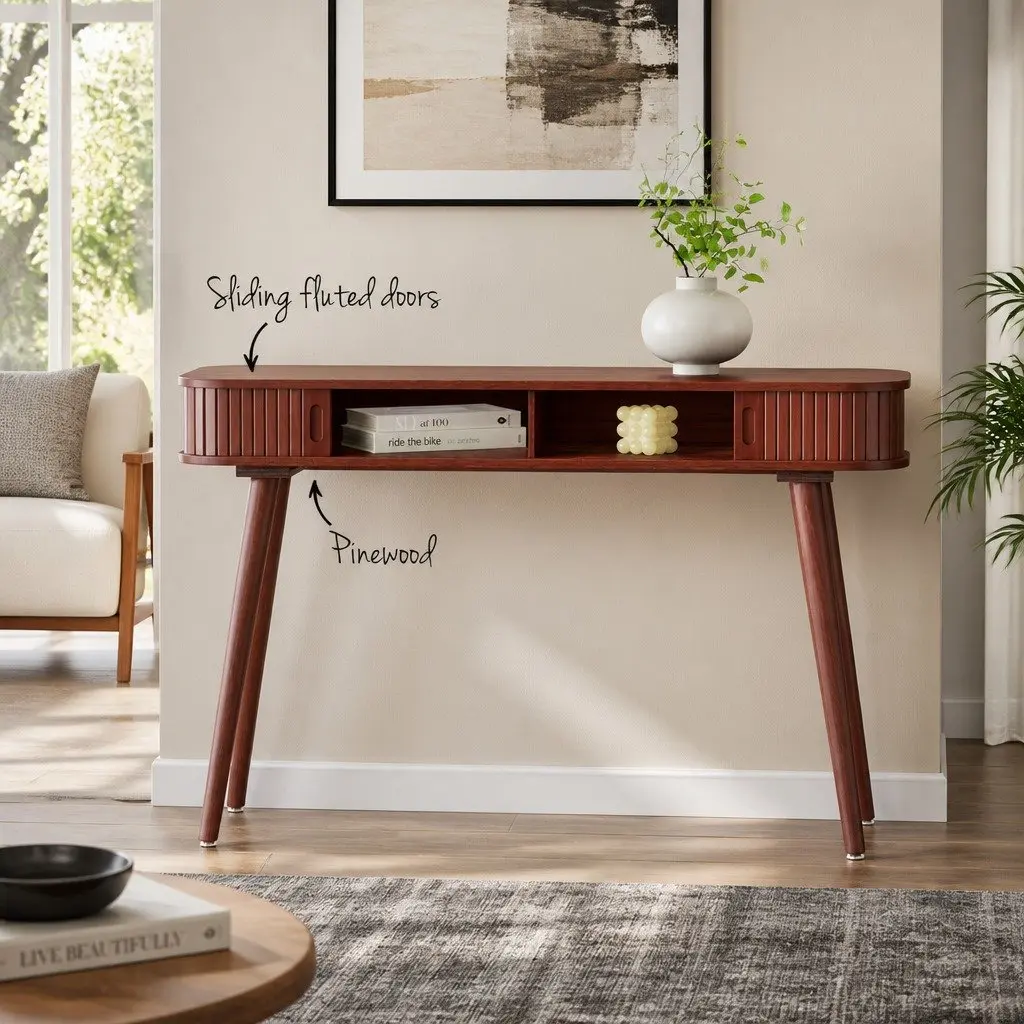 Console Table Walnut 120CM Sliding Fluted Doors Storage Cabinets Home Office Furniture