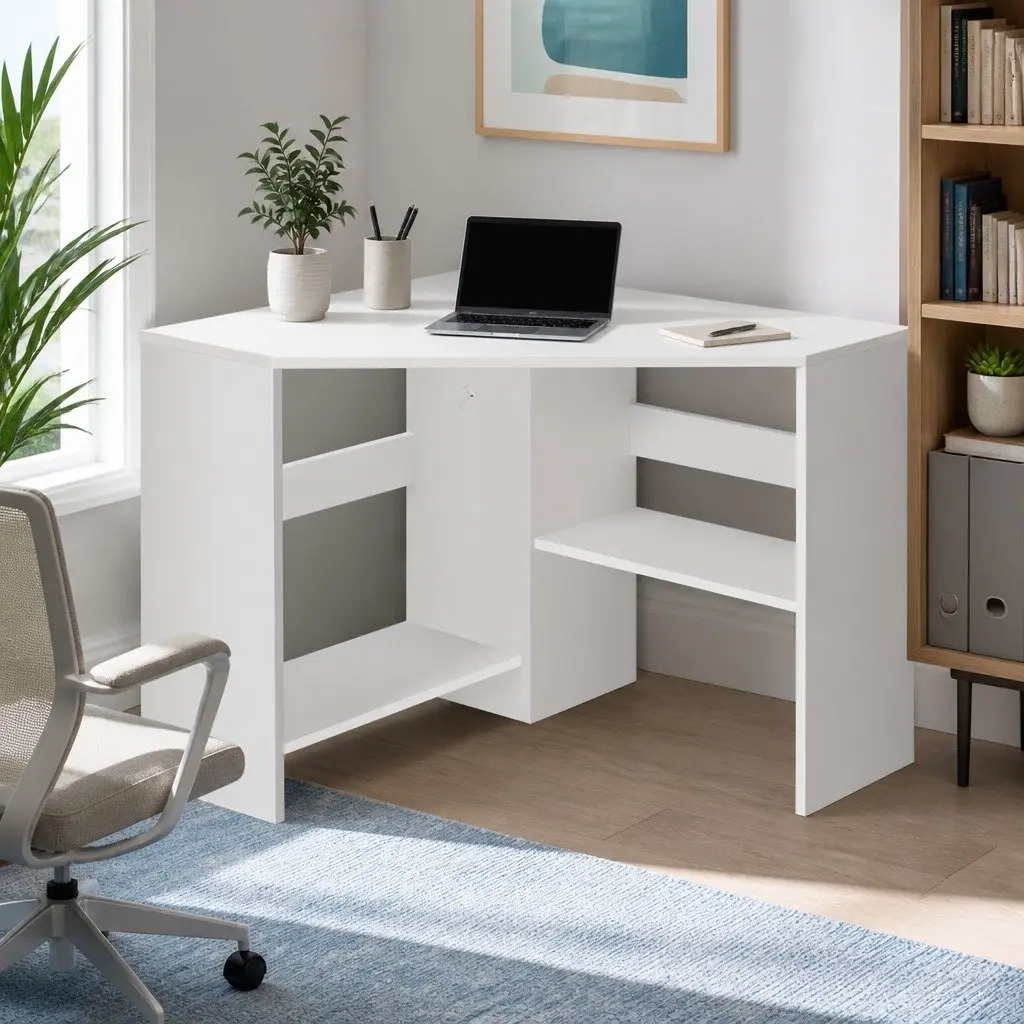 L-Shape Corner Computer Desk with Shelves CPU Stand White Home Office