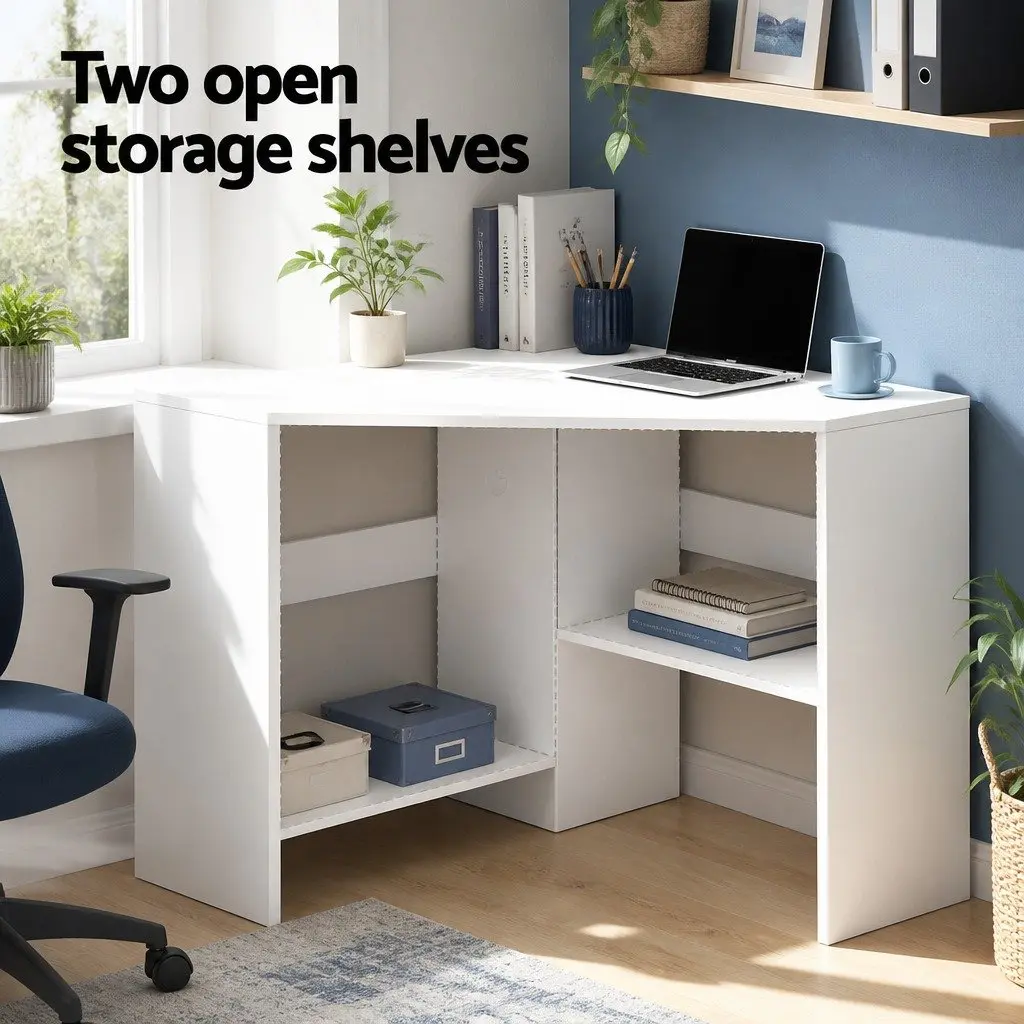 L-Shape Corner Computer Desk with Shelves CPU Stand White Home Office