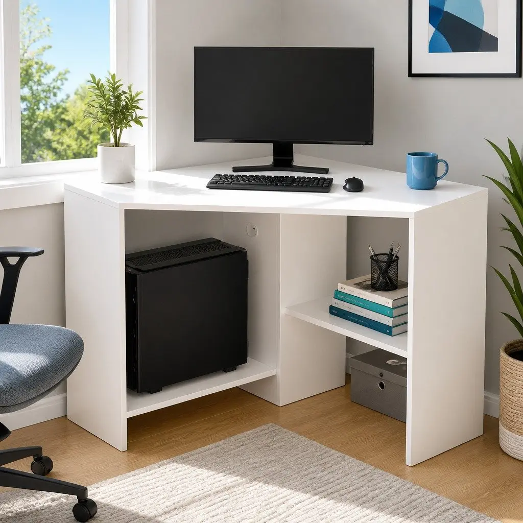 L-Shape Corner Computer Desk with Shelves CPU Stand White Home Office