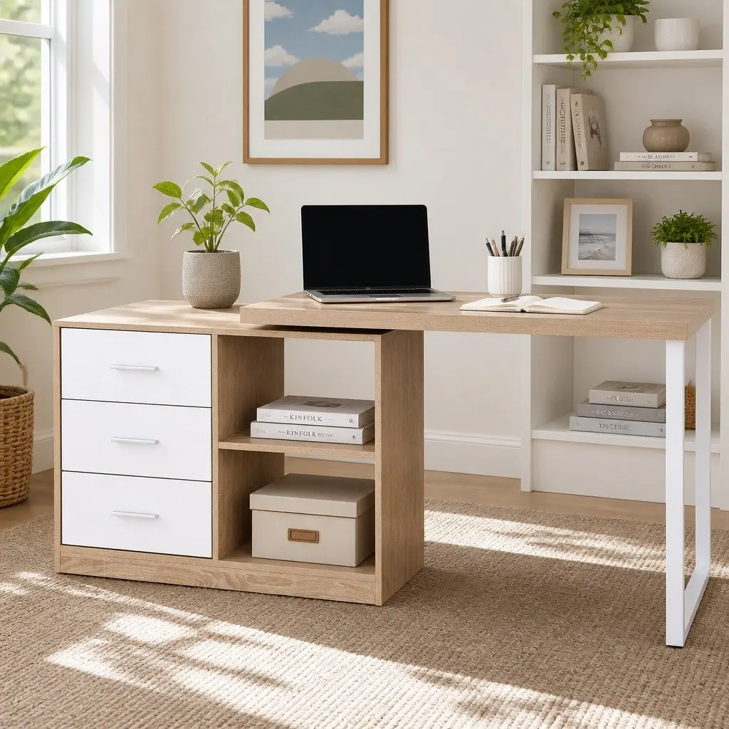 L-Shape Computer Desk with Swivel Storage Cabinet Home Office Furniture Oak