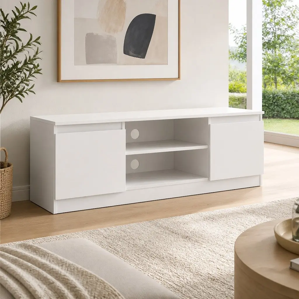 TV Unit White 120cm Spacious Entertainment Cabinet with Open Shelving and Closed Storage for Living Room