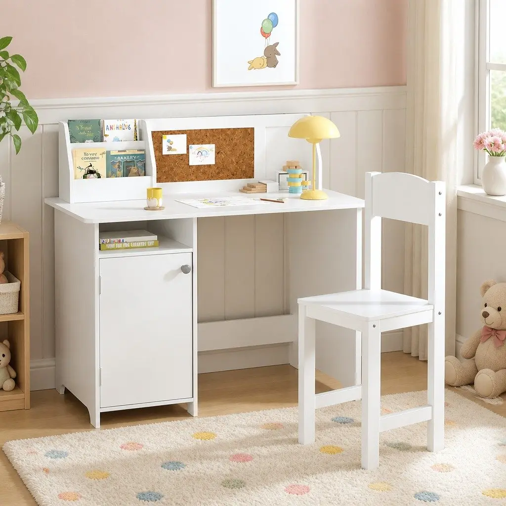 Kids Table and Chair Set Children Study Desk Storage Cabinet White Furniture