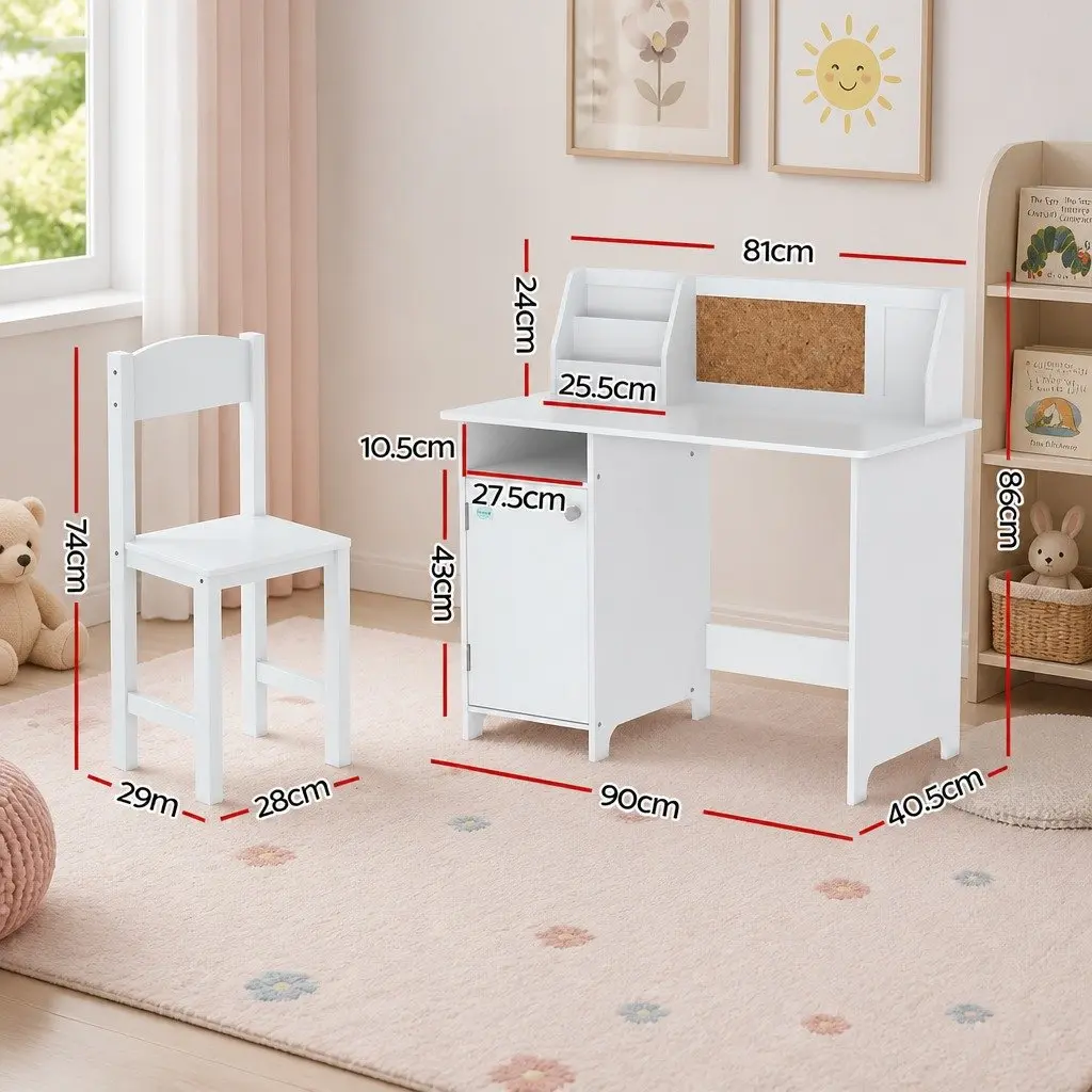 Kids Table and Chair Set Children Study Desk Storage Cabinet White Furniture
