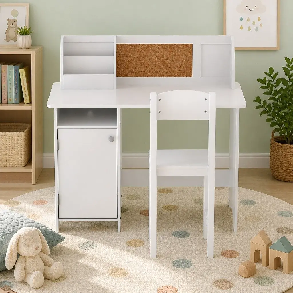 Kids Table and Chair Set Children Study Desk Storage Cabinet White Furniture