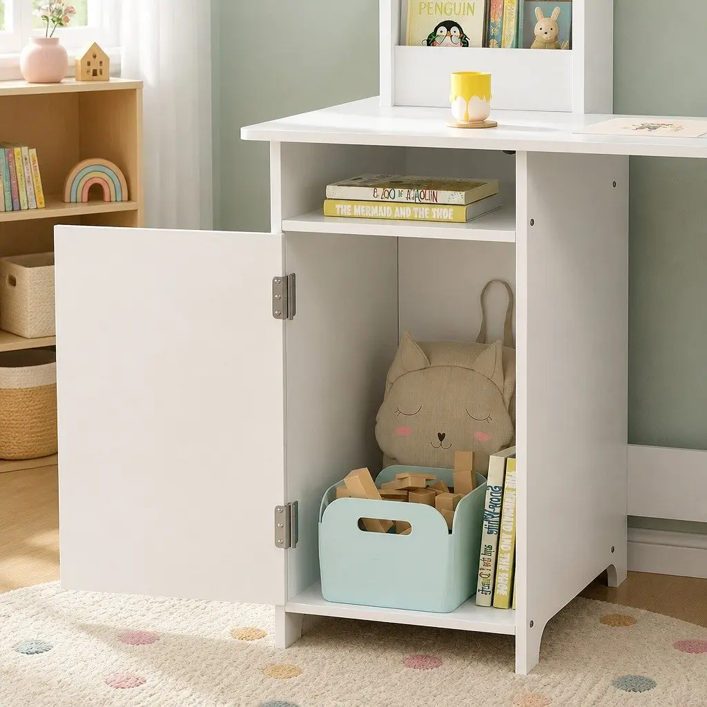 Kids Table and Chair Set Children Study Desk Storage Cabinet White Furniture