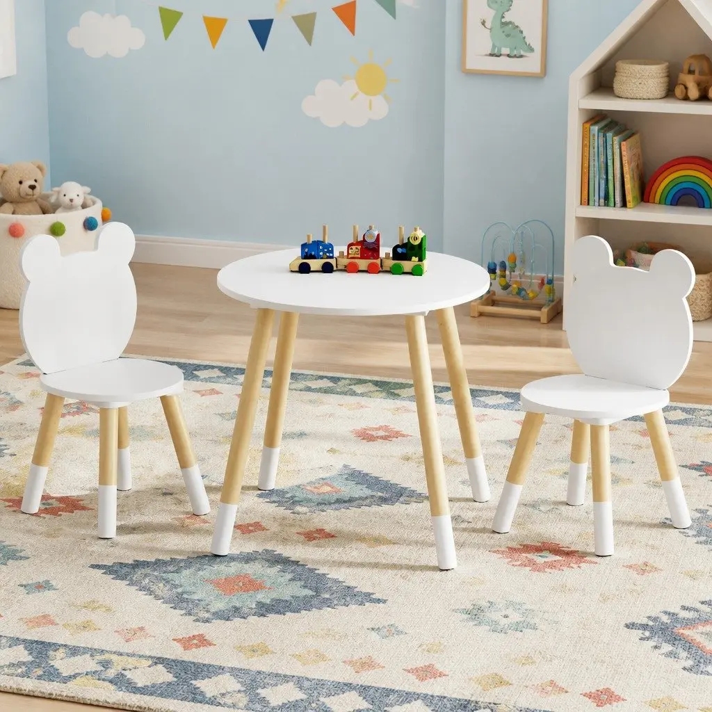 Kids Table and Chairs Set White 3 Piece Activity Study Desk Sturdy Construction
