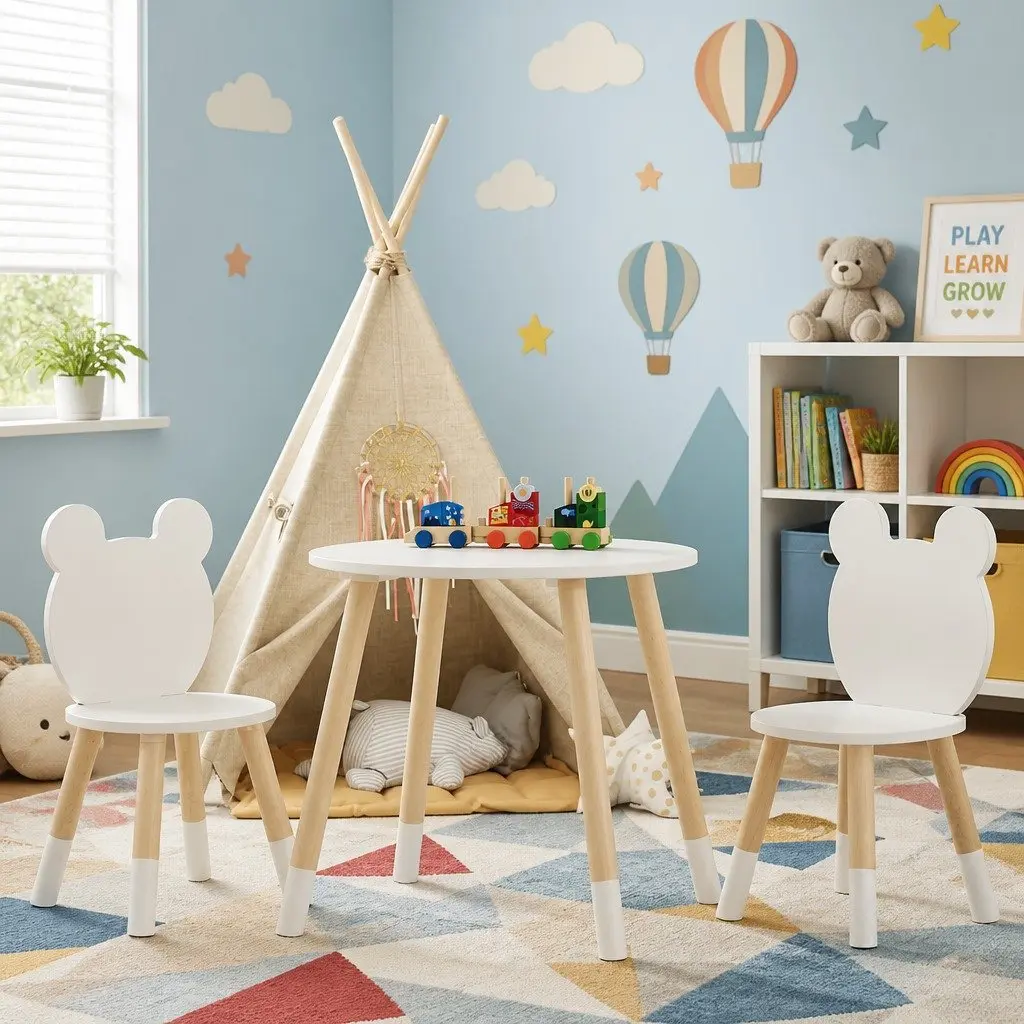 Kids Table and Chairs Set White 3 Piece Activity Study Desk Sturdy Construction