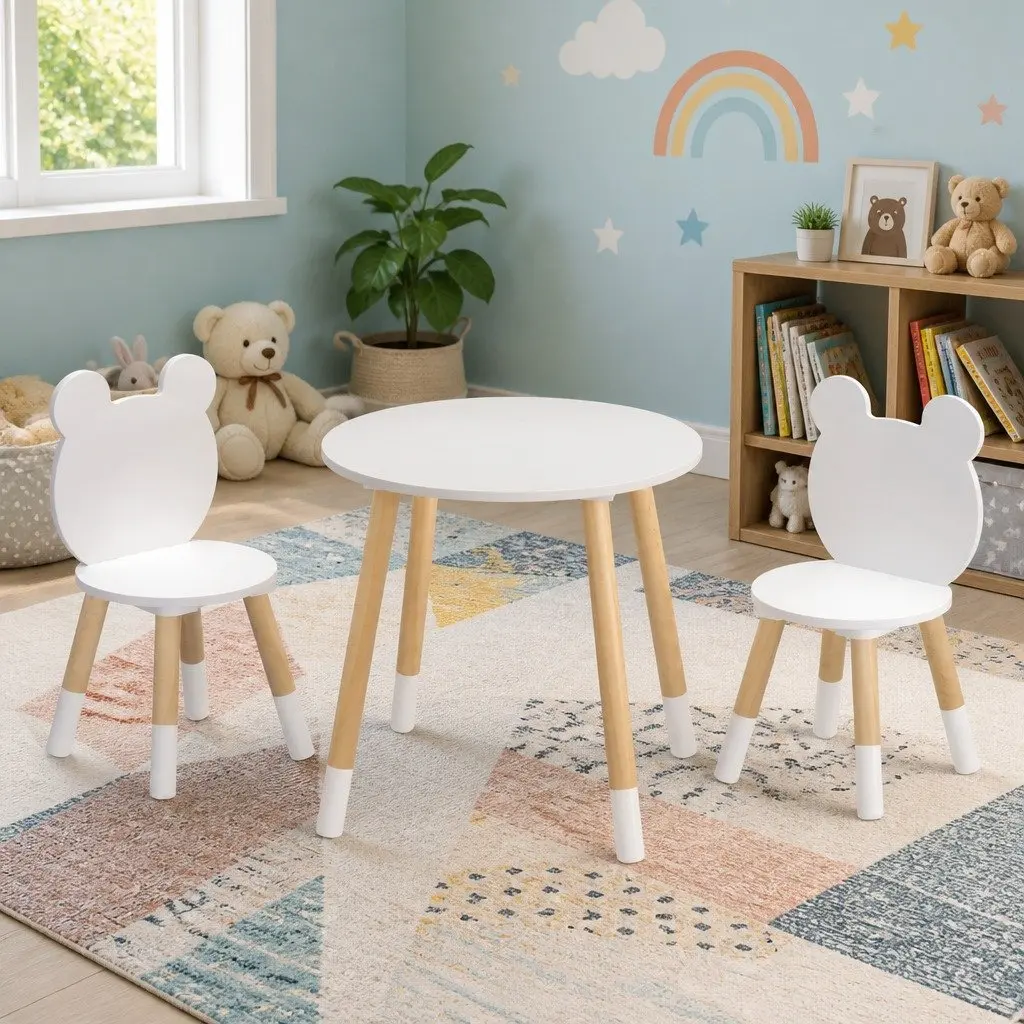 Kids Table and Chairs Set White 3 Piece Activity Study Desk Sturdy Construction