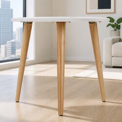 Round Coffee Table 50CM White MDF Top Beech Wood Legs Contemporary Design