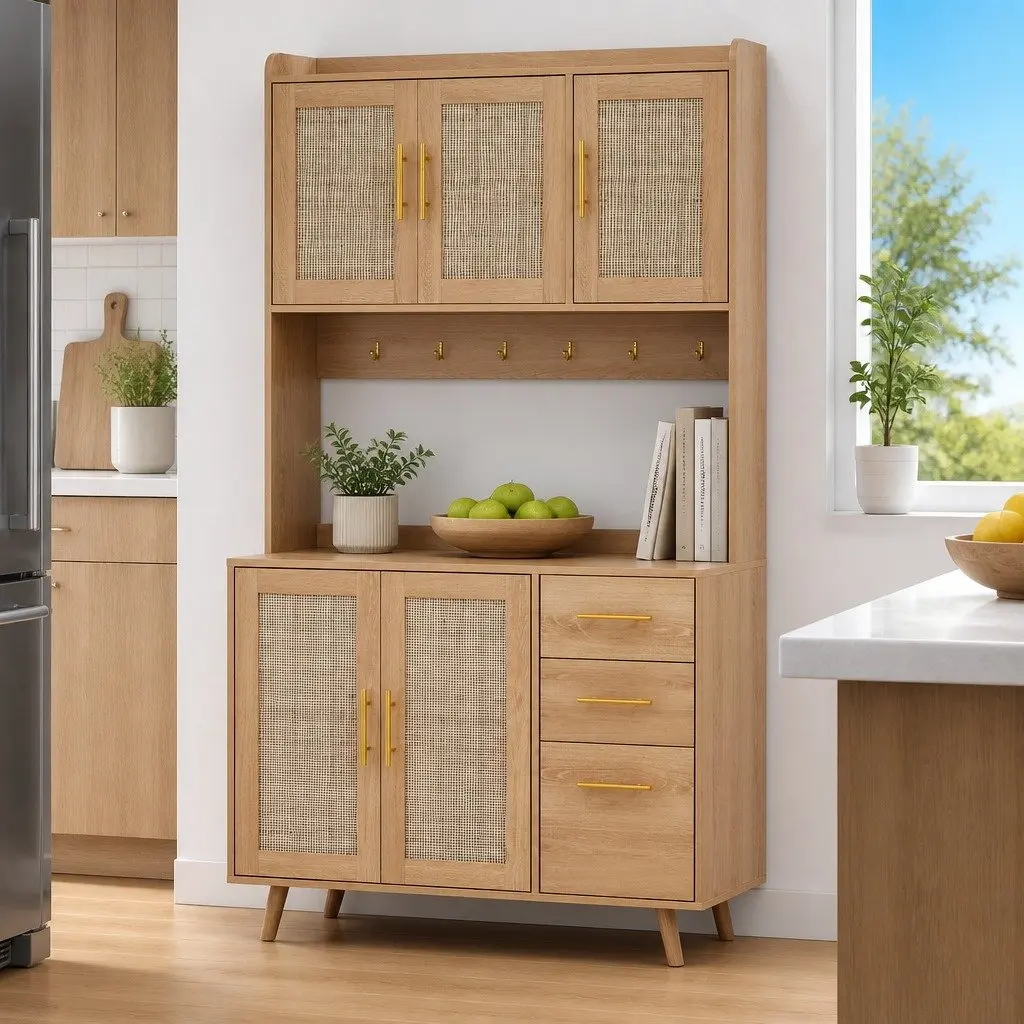 Buffet Sideboard Cabinet Pine Rattan Doors Adjustable Shelves Countertop Storage
