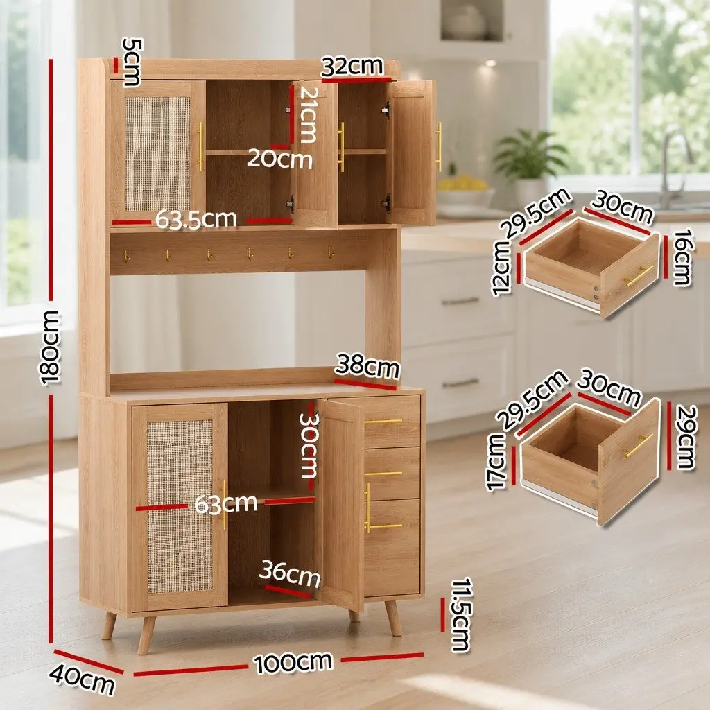 Buffet Sideboard Cabinet Pine Rattan Doors Adjustable Shelves Countertop Storage
