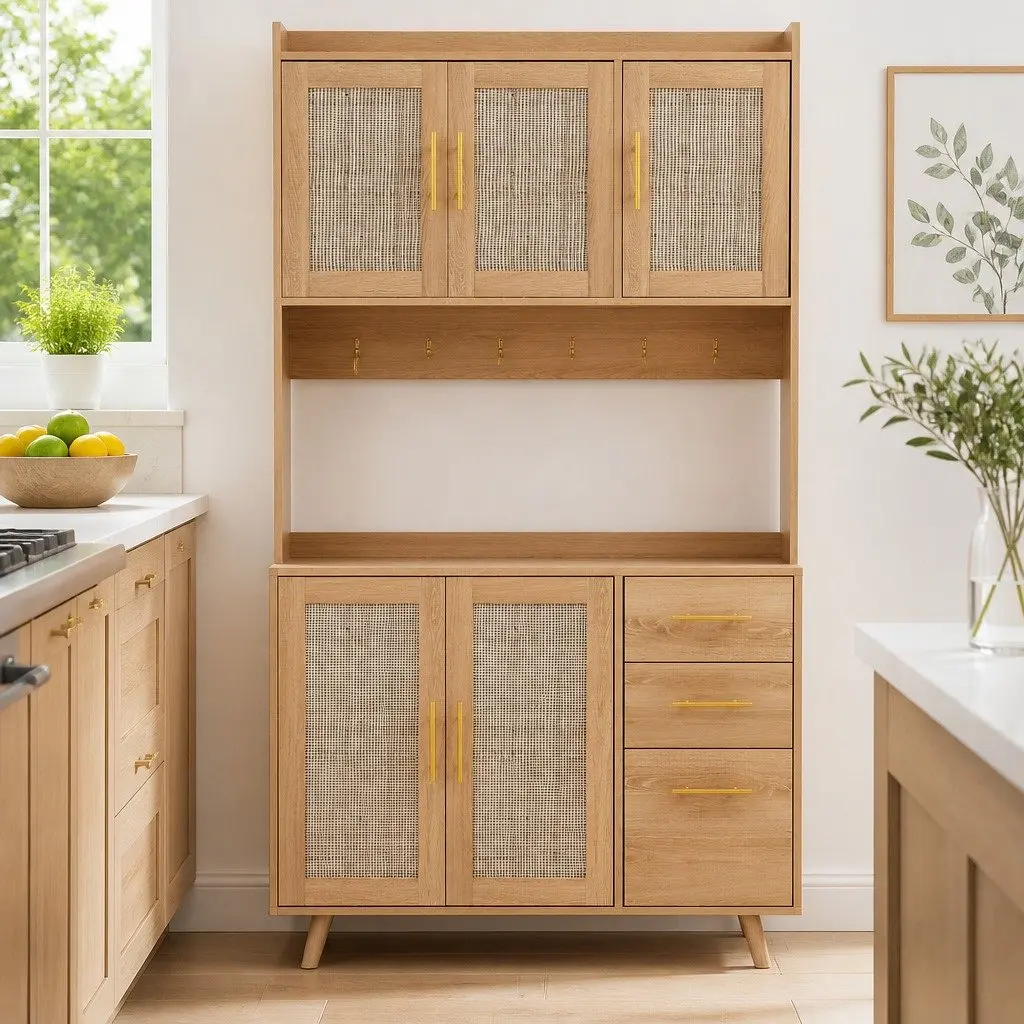 Buffet Sideboard Cabinet Pine Rattan Doors Adjustable Shelves Countertop Storage